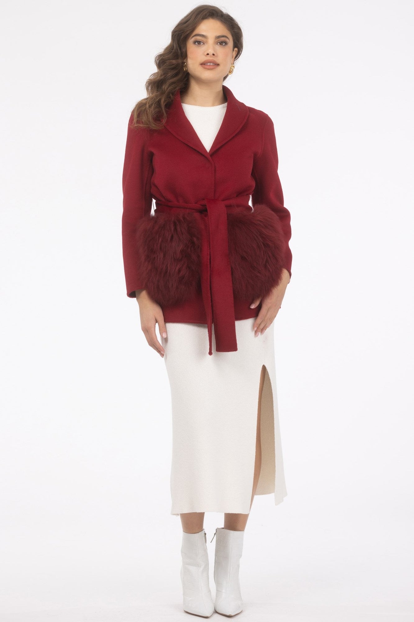 Wool Belted Jacket With Select Lamb Patch Pockets | Women | Wine