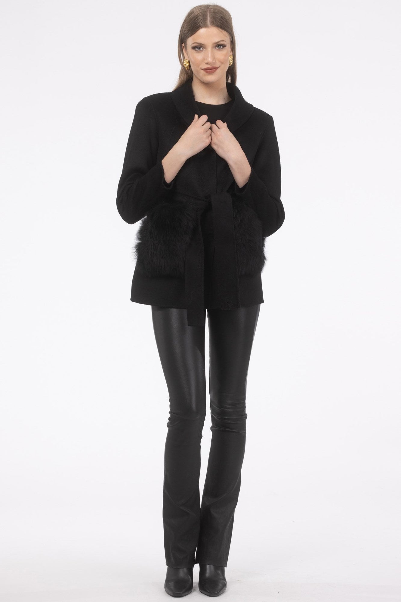 Wool Belted Jacket With Select Lamb Patch Pockets | Women | Black