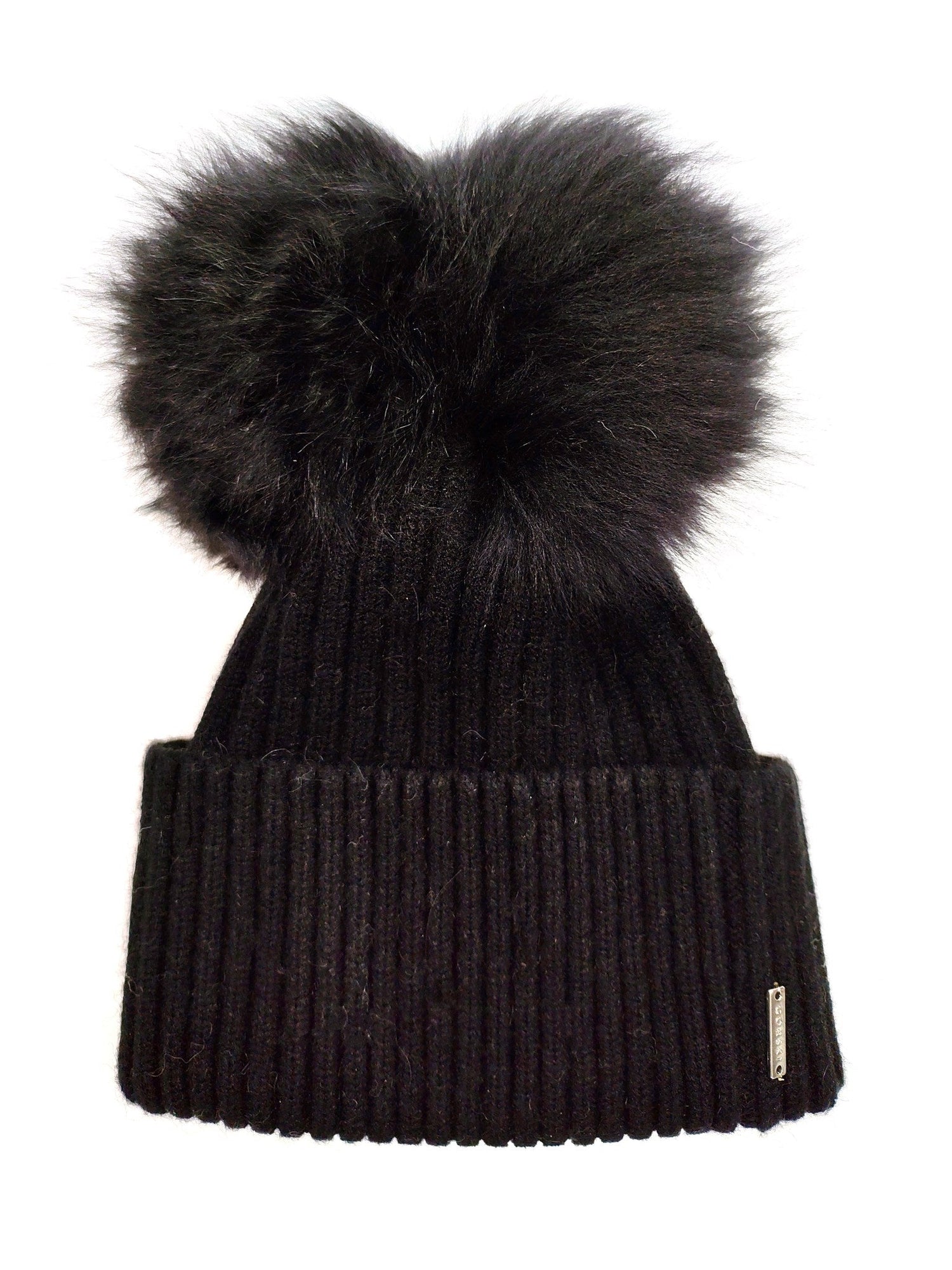 Wool Blend Knit Hat With Double Select Lamb Pompoms | Women | Black x Black