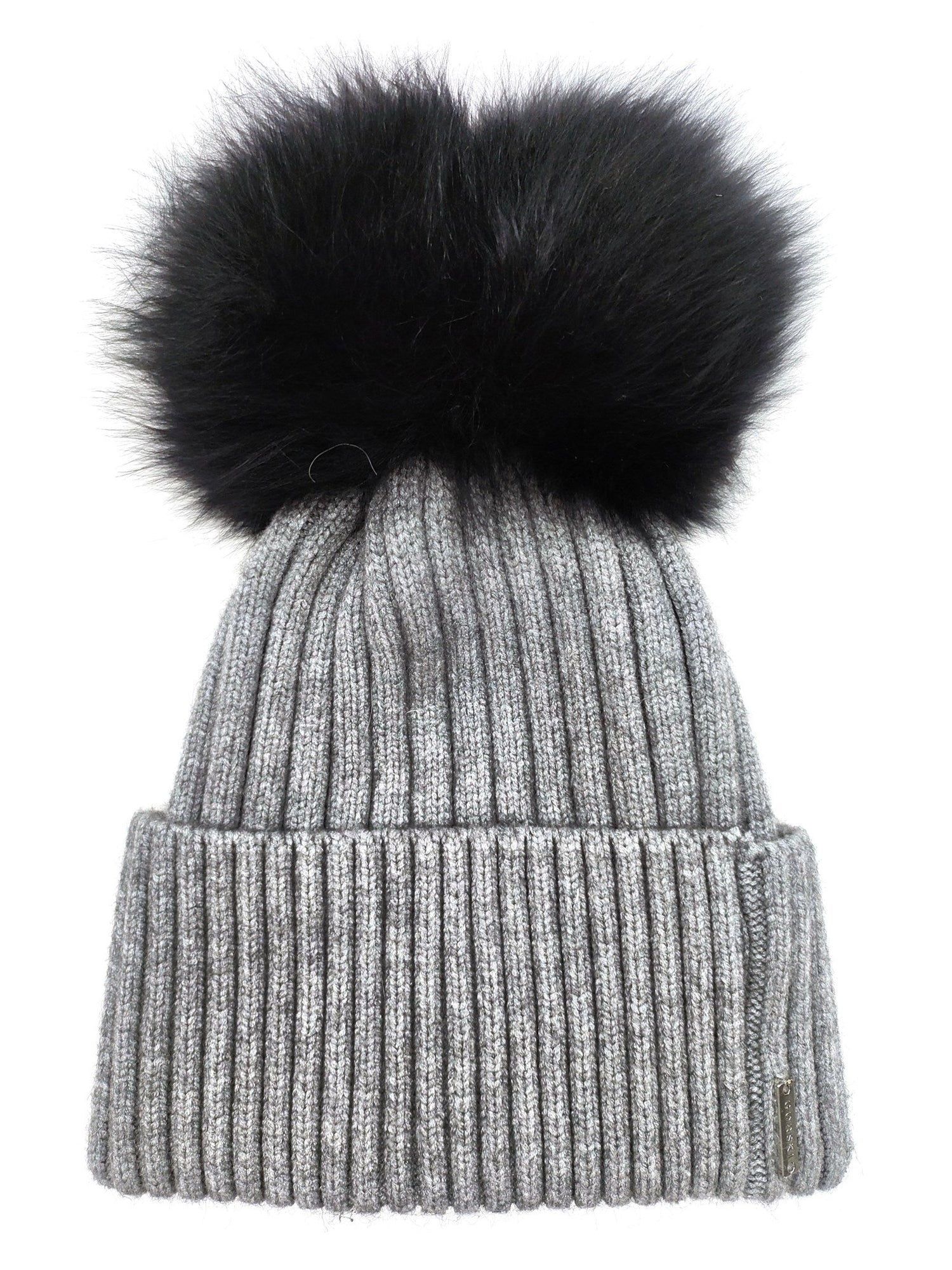 Wool Blend Knit Hat With Double Select Lamb Pompoms | Women | Gray x Black