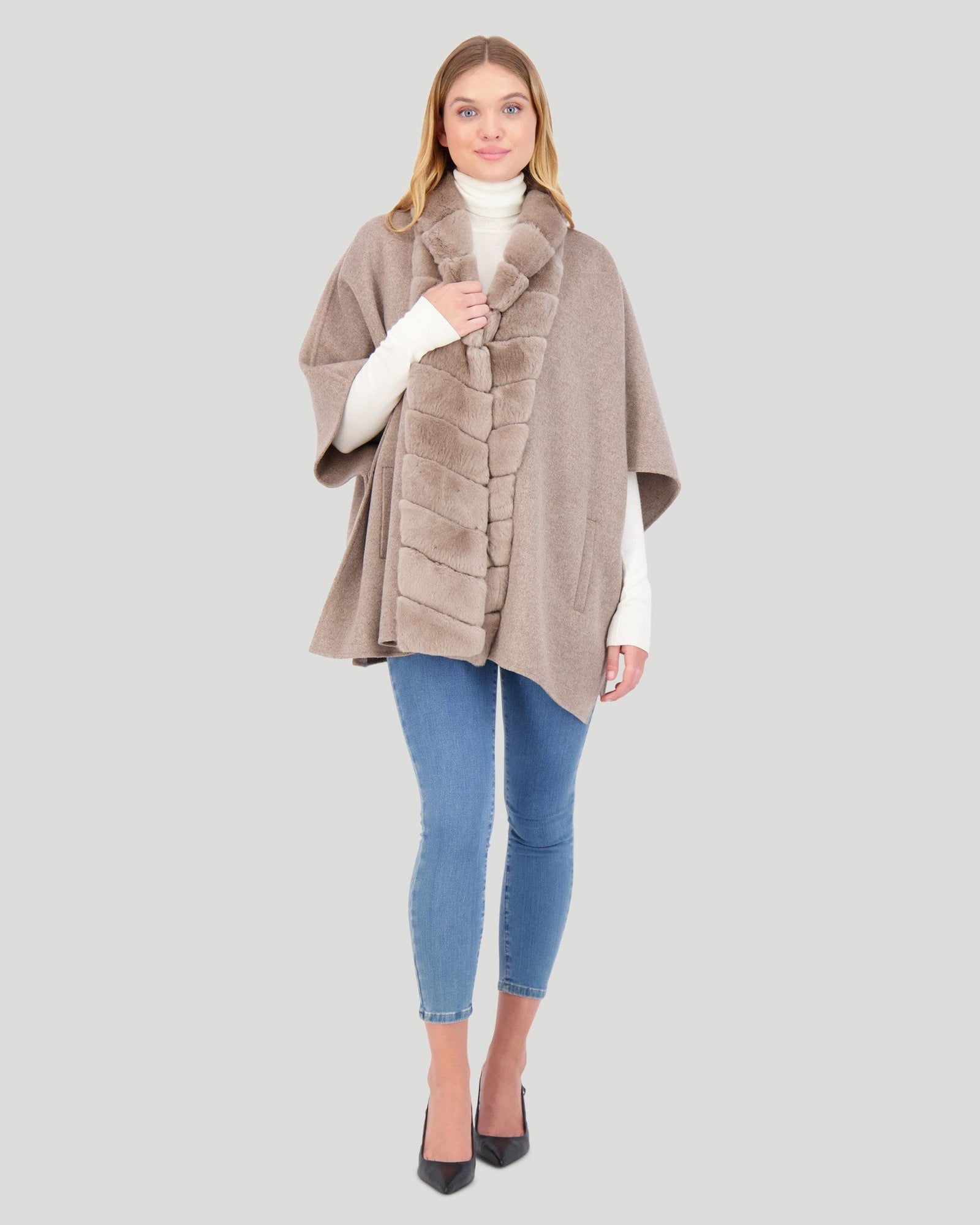 Wool Cape With Chevron Rex Rabbit Trim | Women | Taupe