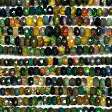 Shimmering beaded necklace made of faceted opals in shades of green, yellow, and blue on a gold linking ovals clasp, Opal swatch on white background