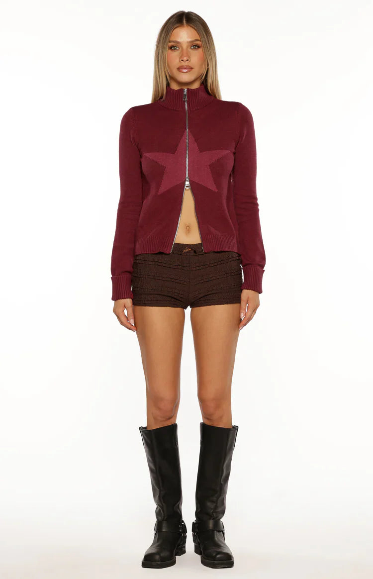 Groove Star Zip Up Knit Sweater | Burgundy