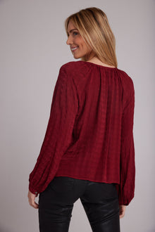 Shirred Raglan Tie Front Blouse - Sweet Sangria