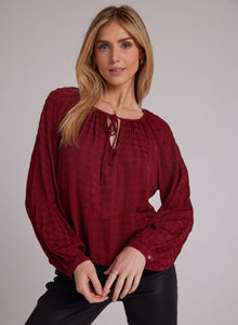 Shirred Raglan Tie Front Blouse - Sweet Sangria