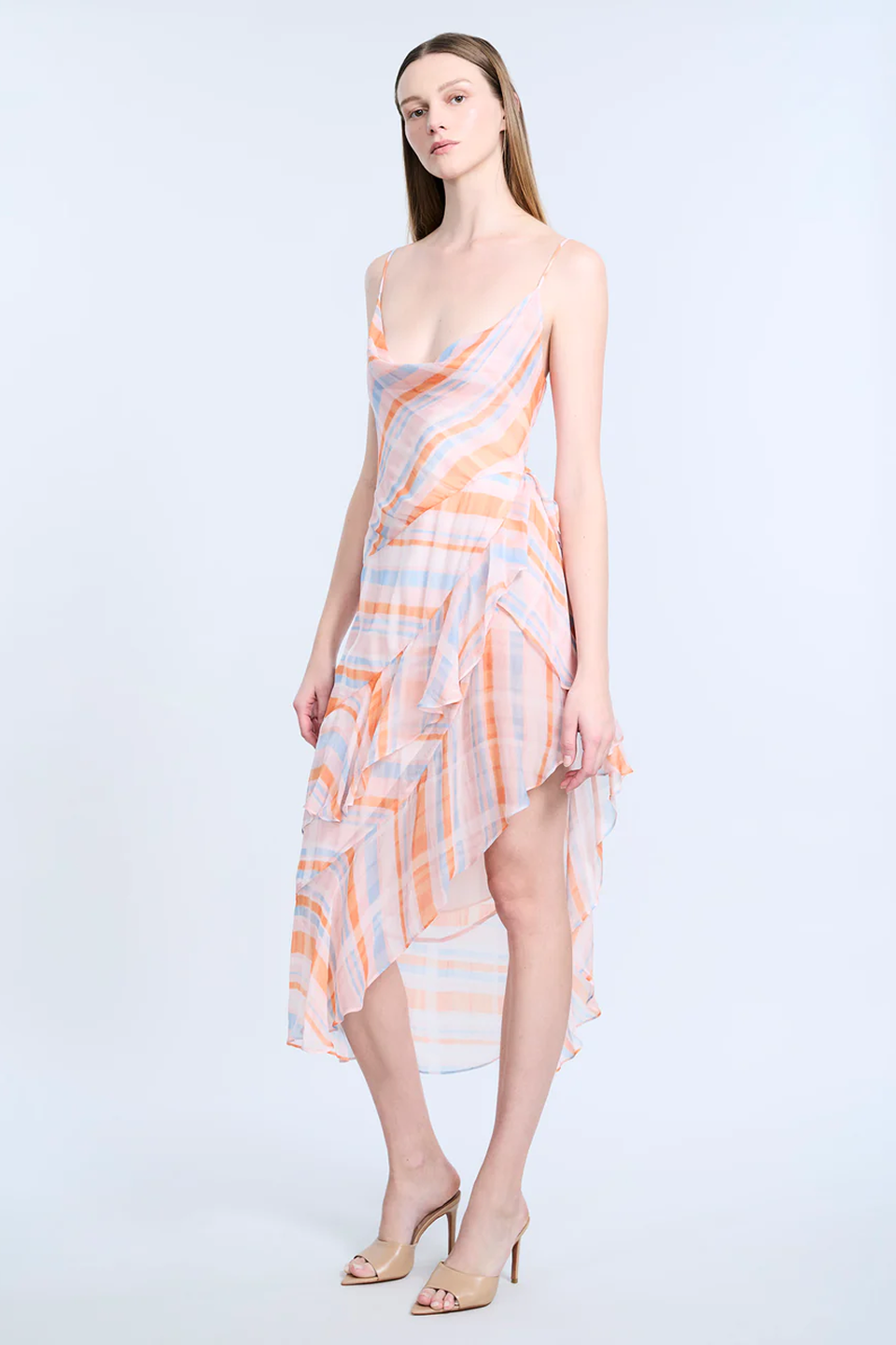 Cowl Neck Ruffle Dress | Plaid Print