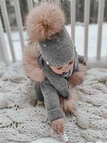 Baby Girls | Honeycomb Cashmere Beanie Hats Pom | Grey & Pink