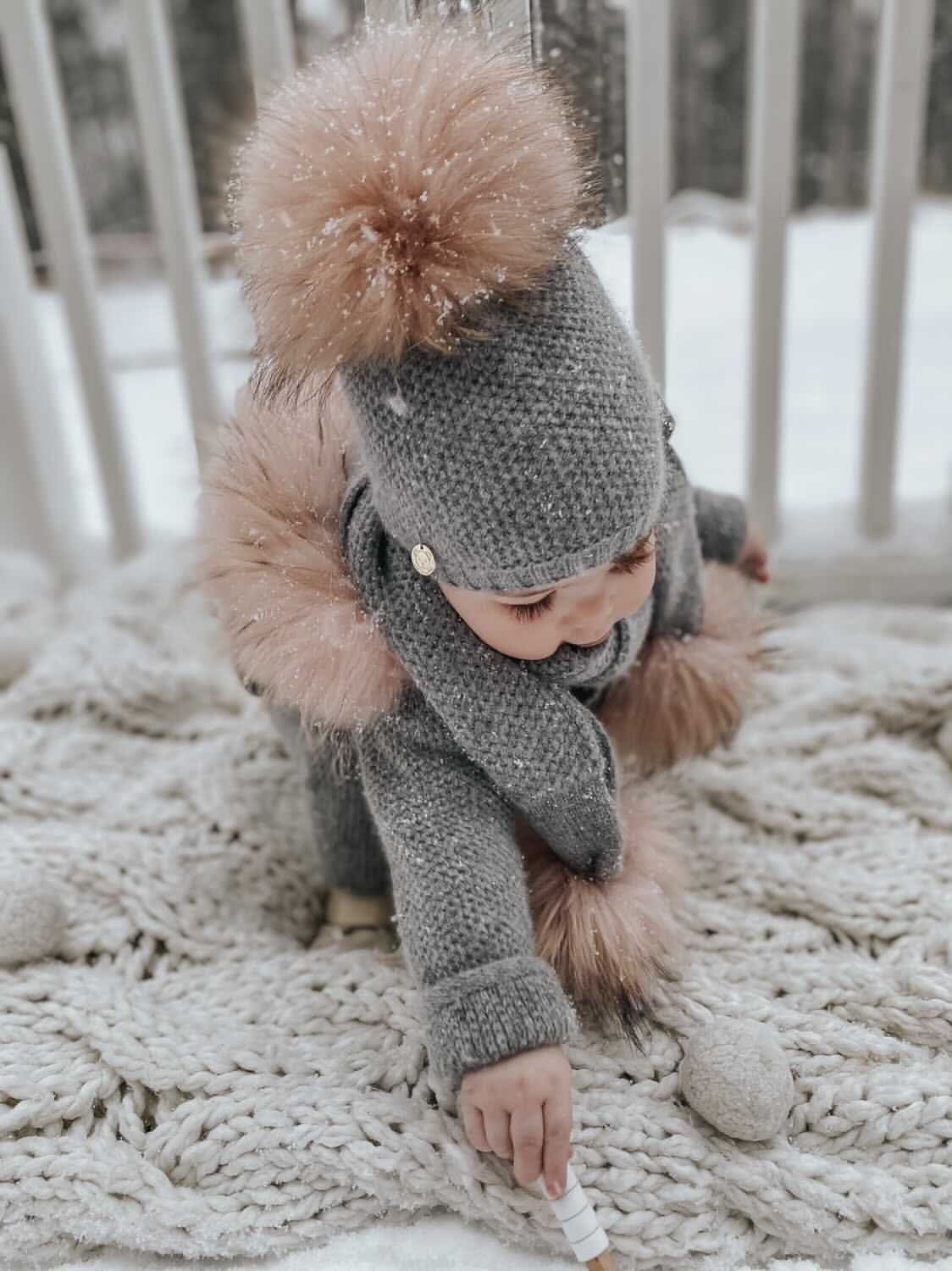 Baby Girls | Honeycomb Cashmere Beanie Hats Pom | Grey & Pink