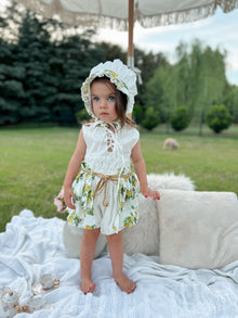 Girl | Amalfi Lemon Print Linen Romper | White x Green x Yellow
