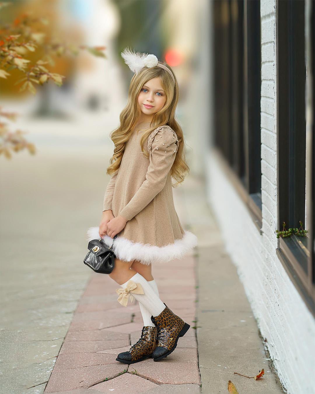 Baby Girls | Anna Knit Dress with Feathered Hem | Beige