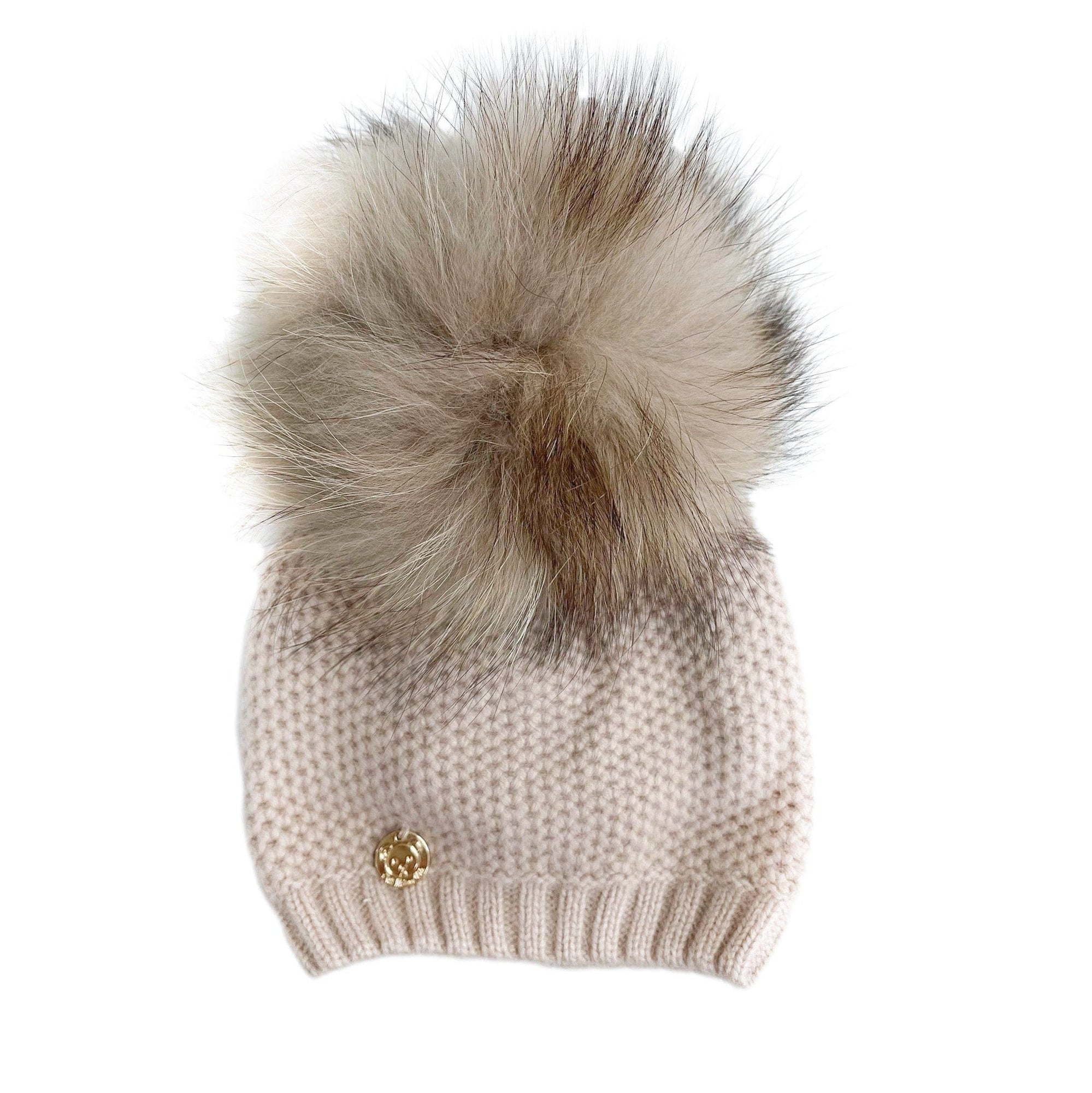 Honeycomb Beige Cashmere Beanie with Beige Pom - Petite Maison Kids