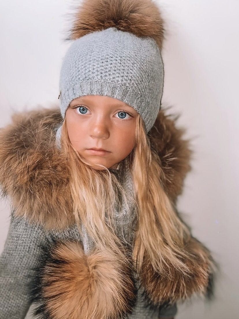 Unisex | Honeycomb Grey Cashmere Beanie Hats Natural Pom | Gray