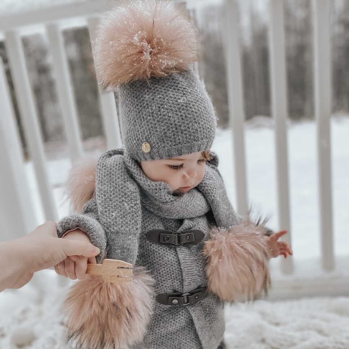 Honeycomb Grey Cashmere Pom Scarf - Petite Maison Kids