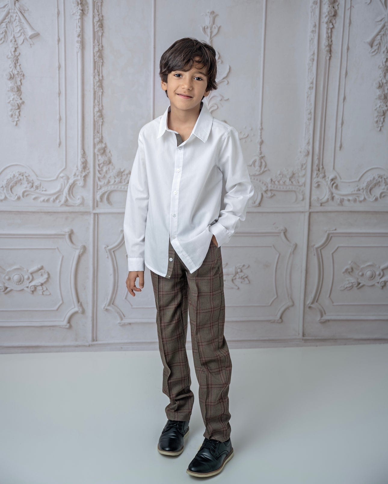 Boy | Blair Estate Tweed Shirt and Pants Set | White x Brown