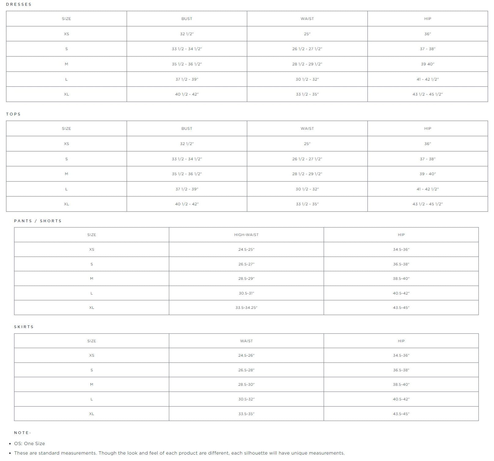 Product size guide