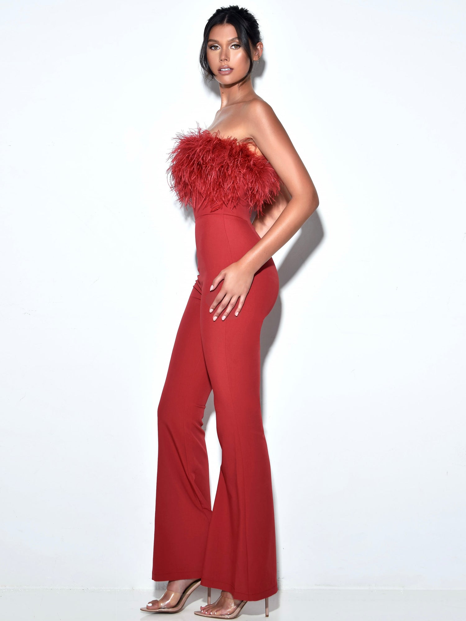 Kylan Feather Jumpsuit | Burgundy