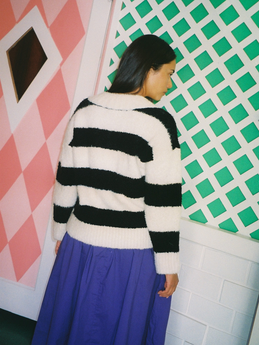 Coby V-Neck Sweater | Black/White Stripes