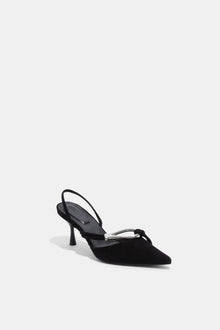 Black suede slingback heel with knotted straps across the vamp and an open slingback design.