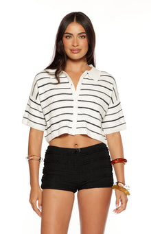 Maple Cropped Knit Sweater | White Navy Stripe