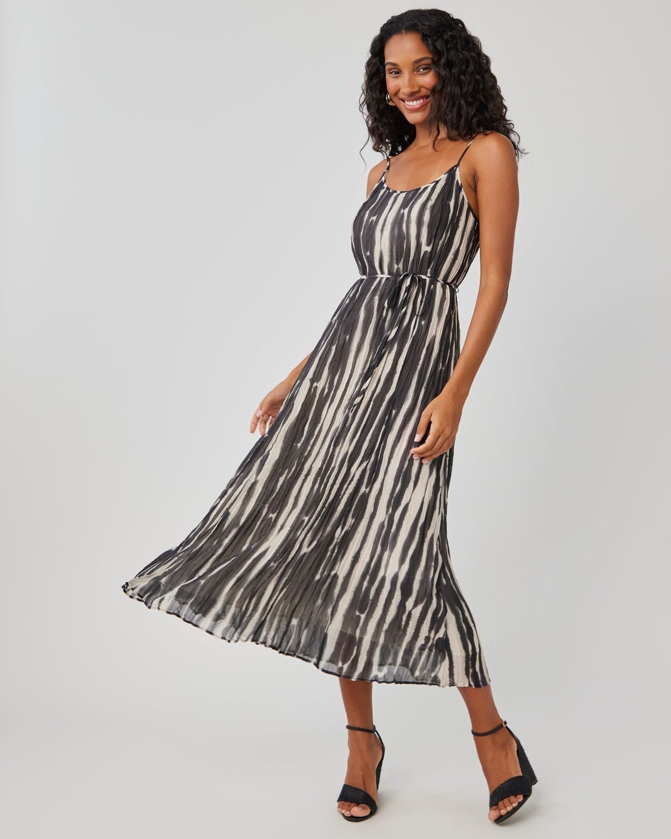 Midi Pleated Cami Dress | Brushed Stripe Print