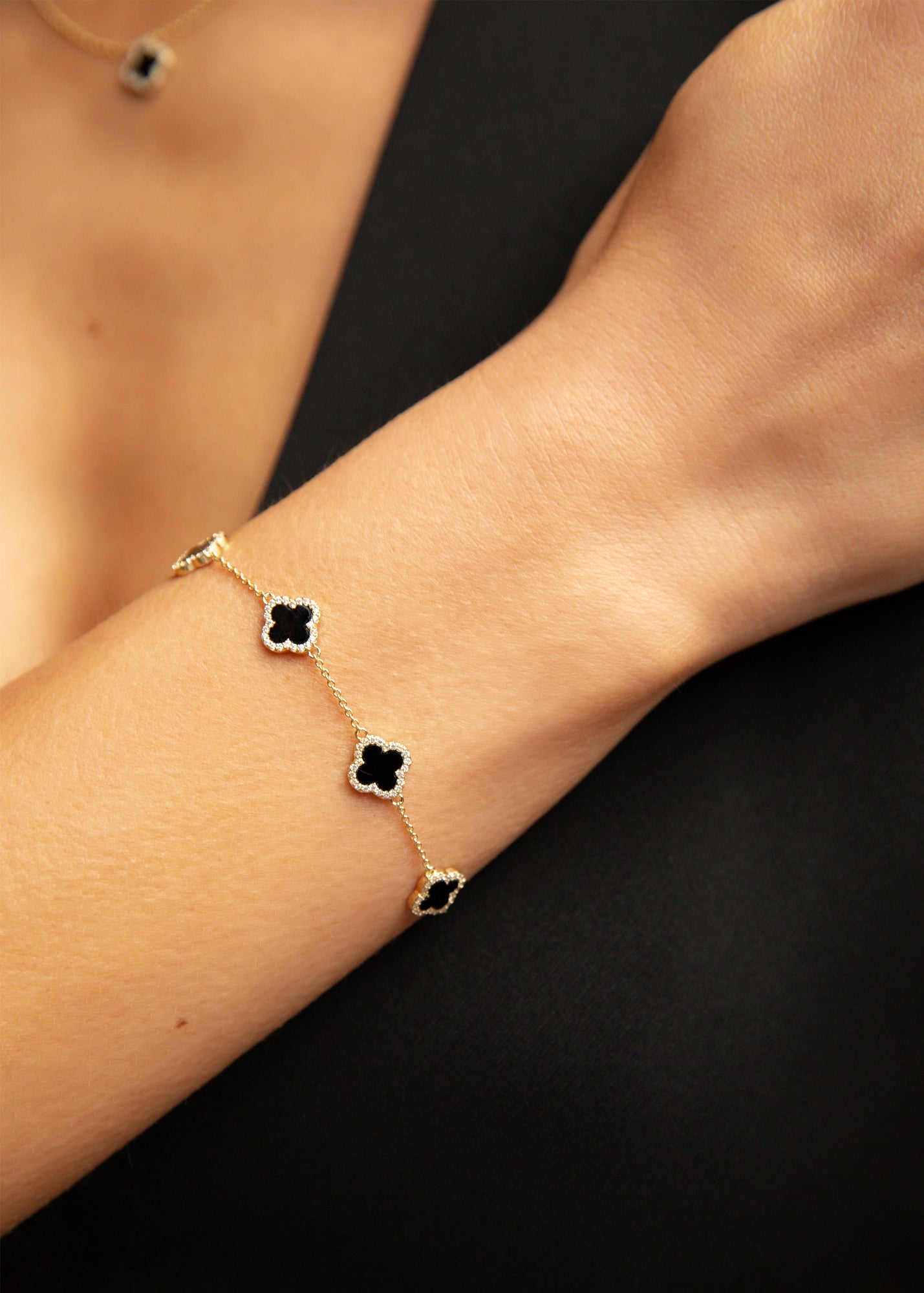 Mini Icon Black Bracelet | Black Onyx/Clear Crystal | 14K Gold Plated
