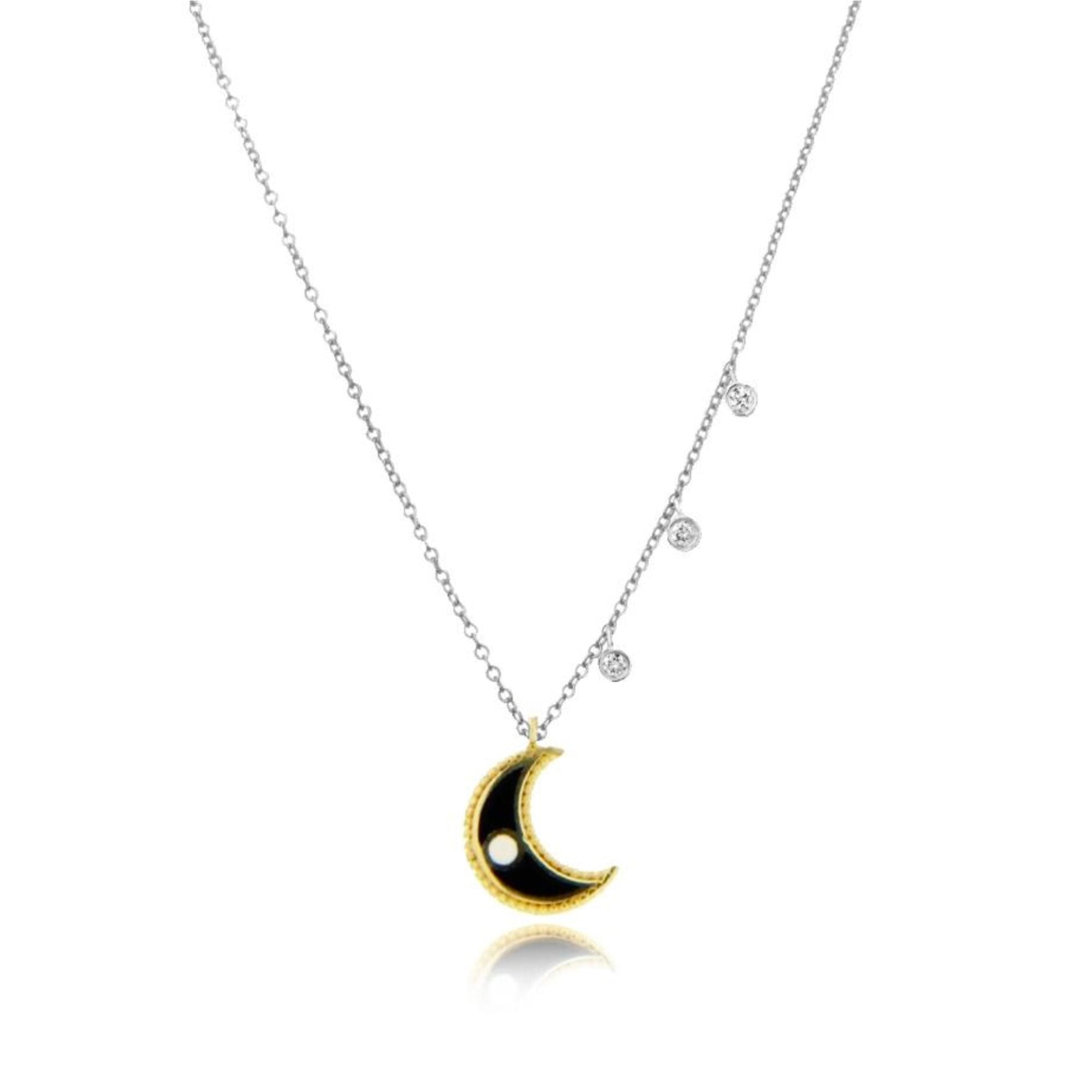 14Kt Enamel Moon And Star Necklace In White Gold | White Gold