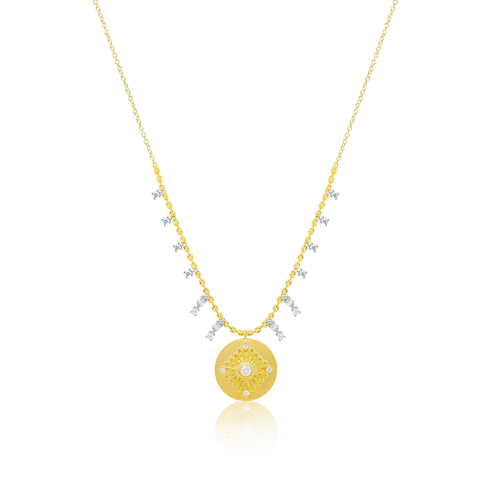 Floral Medallion Necklace 14Kt Yellow Gold Diamond With Ball Chain | Yellow Gold