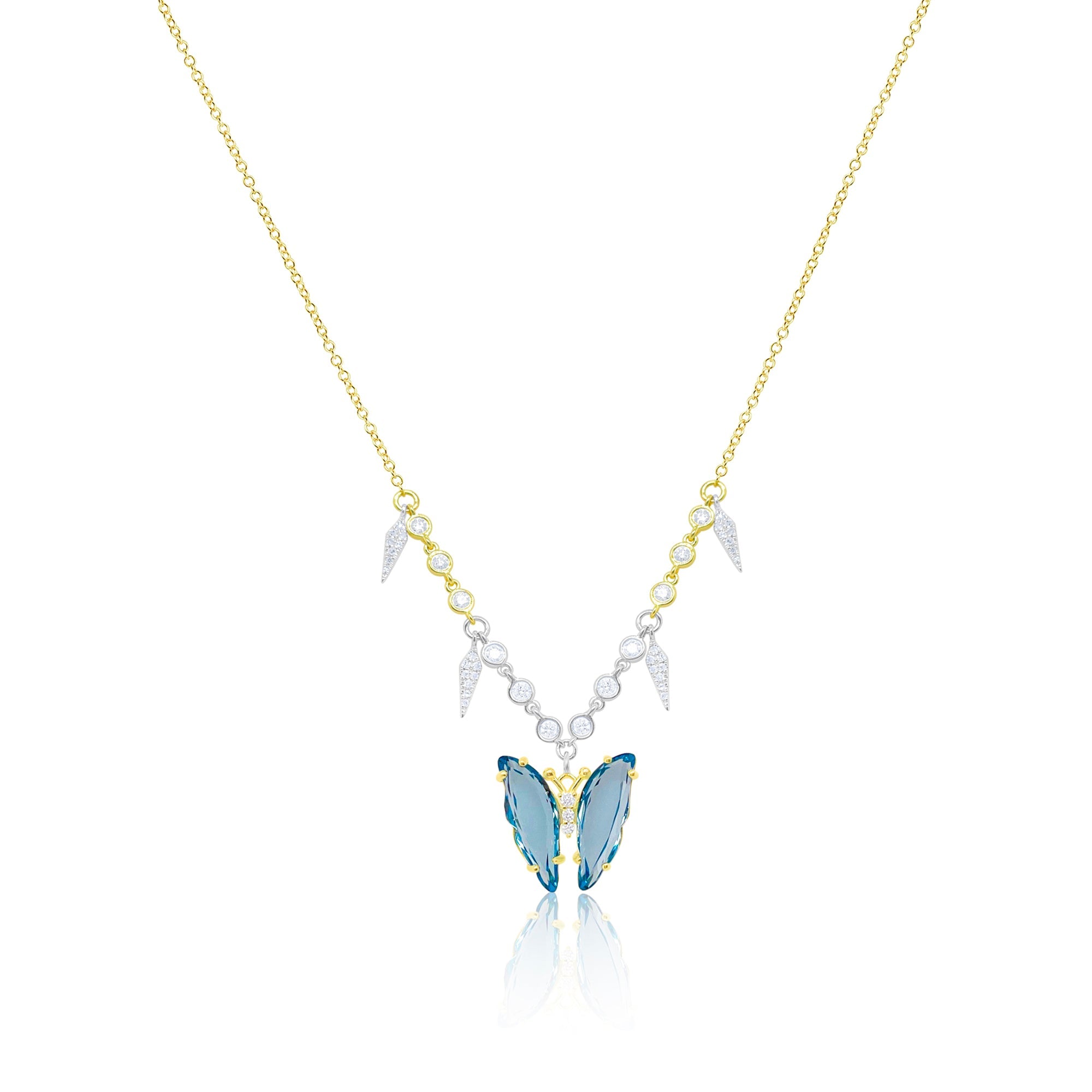 14 Kt Yellow Gold Blue Topaz Butterfly Diamond Necklace | Yellow Gold