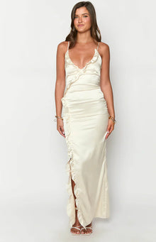 Nahanee Satin Ruffle Maxi Dress | Cream