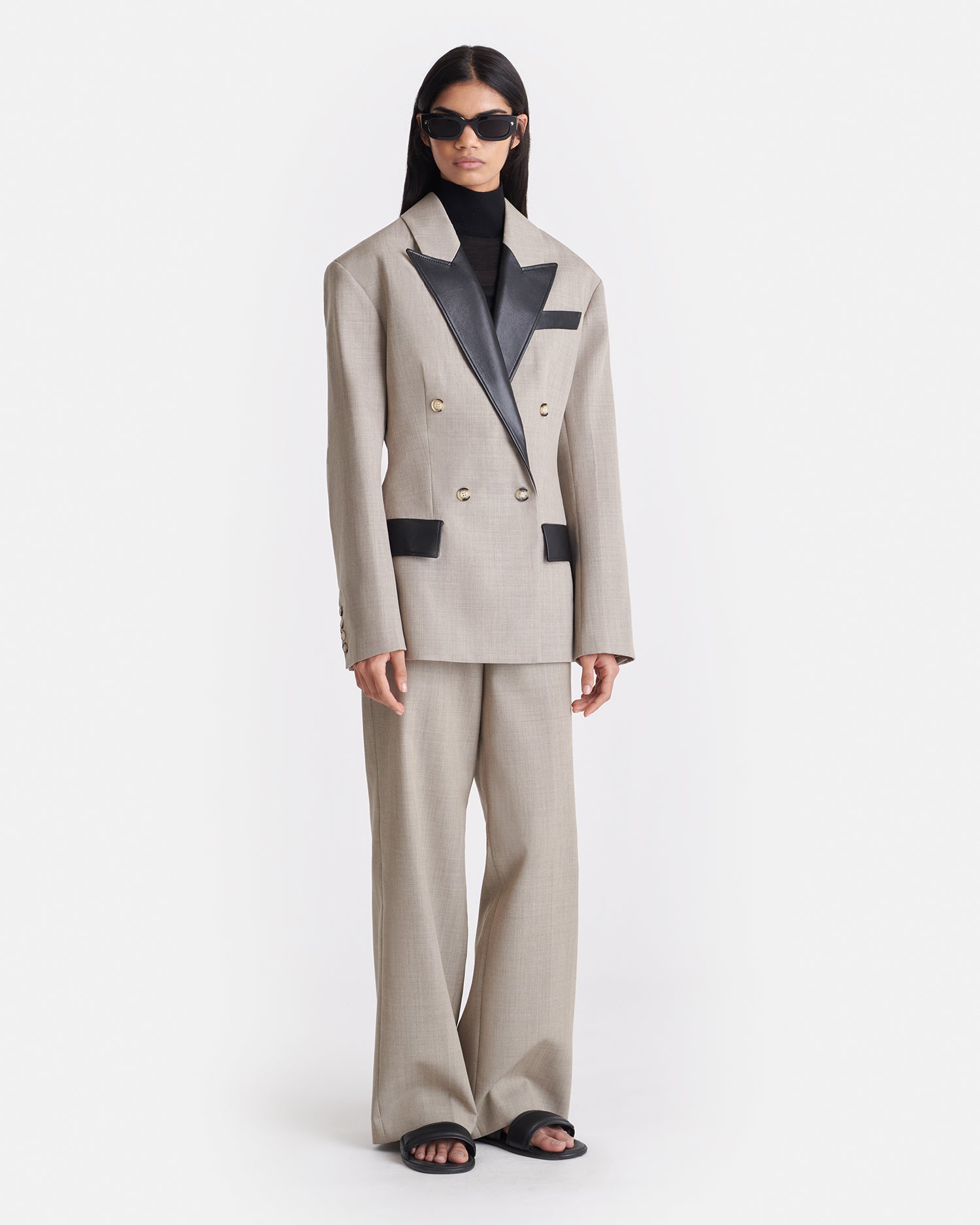 Womens | Pacey Cinched-Waist Leather And Twill-Suiting Blazer | Taupe/Black