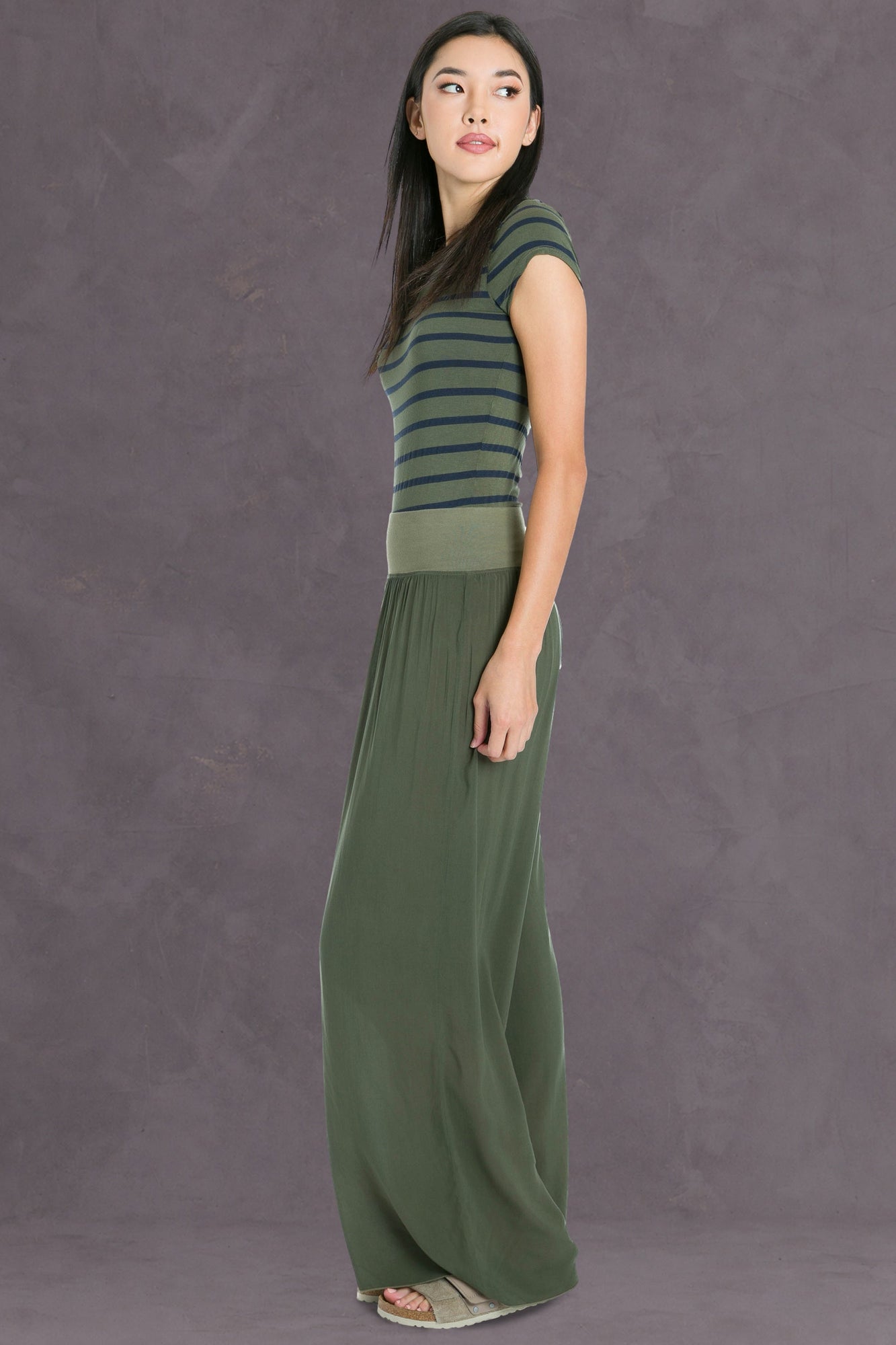 Women | Nautical Stripe Cap Sleeve Fitted Tee | Olive