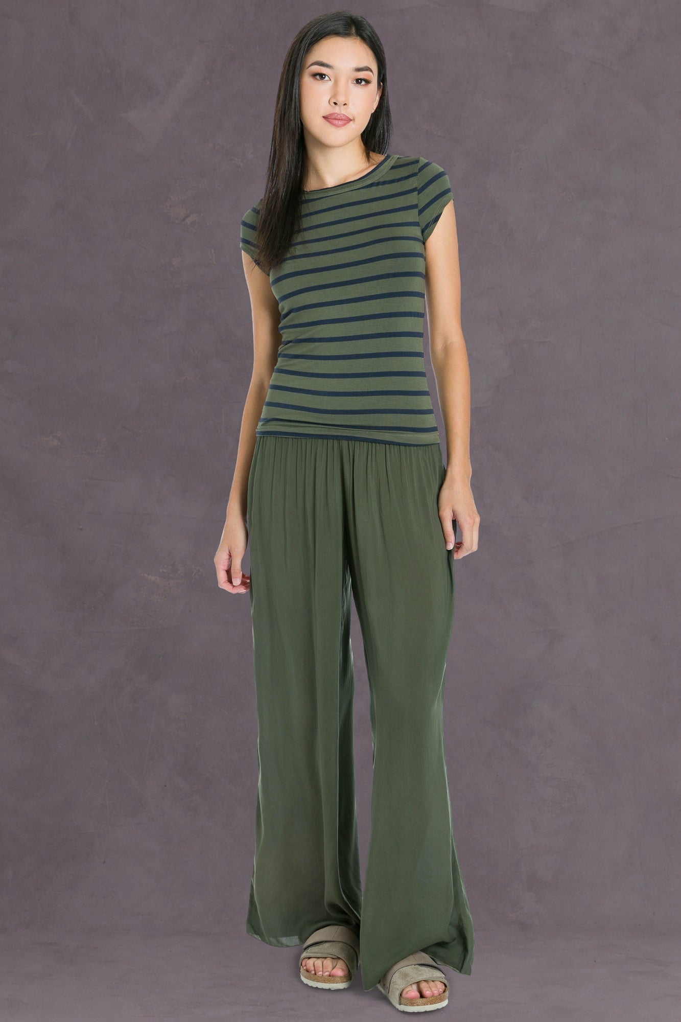 Women | Nautical Stripe Cap Sleeve Fitted Tee | Olive