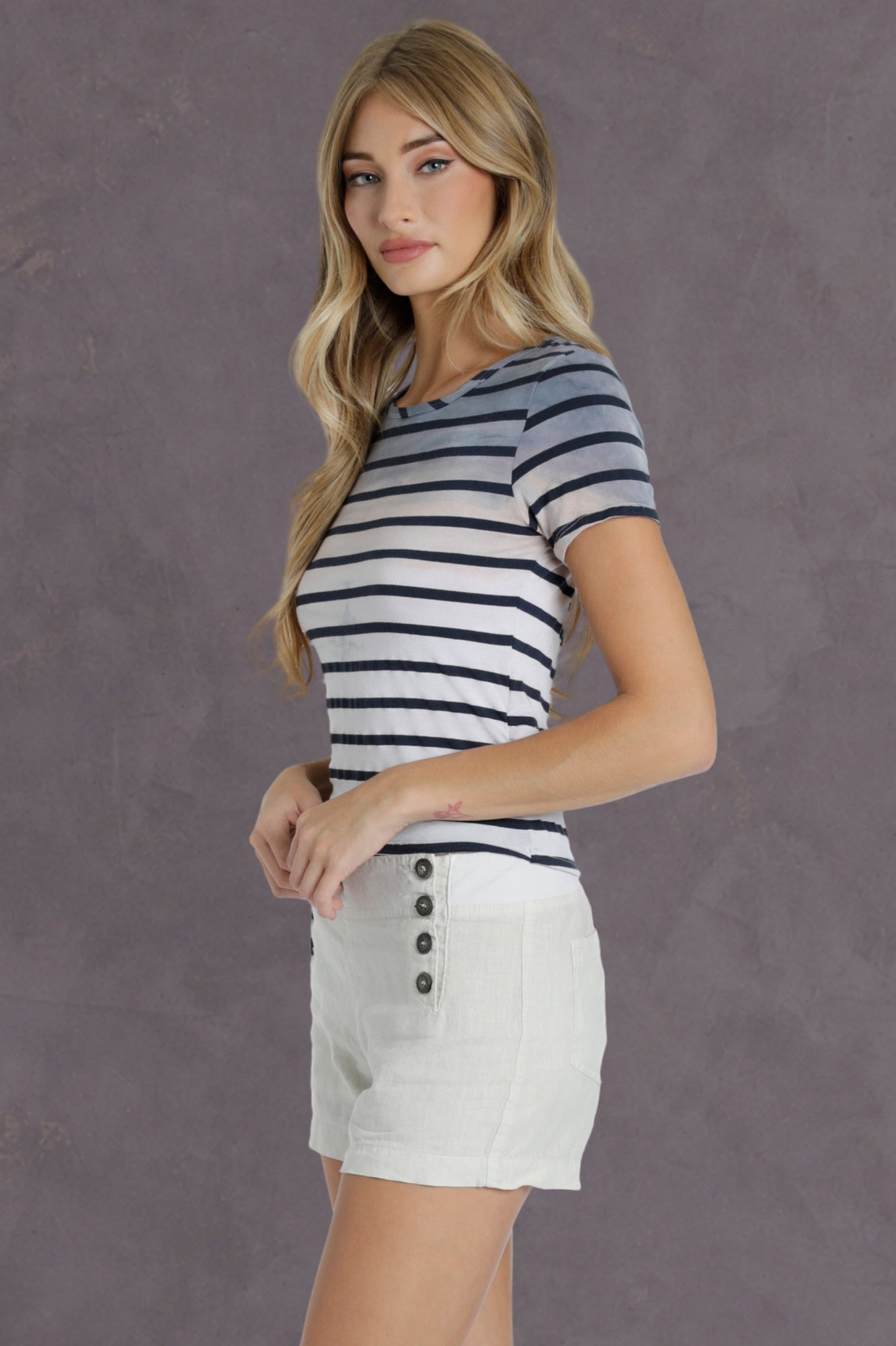 Women | Nautical Stripe Drape Back Tee | Rainbow Horizon 54