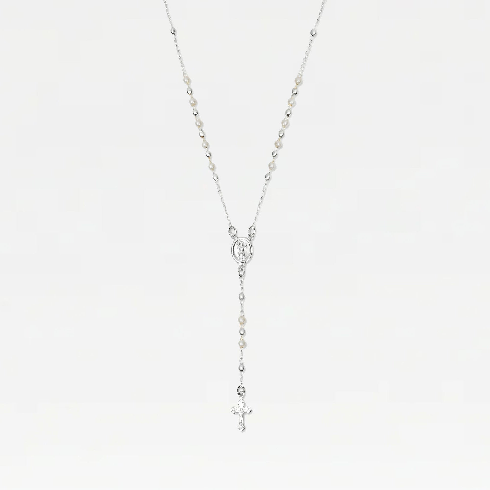 The Pearl Mary Rosary Cross Necklace | Silver