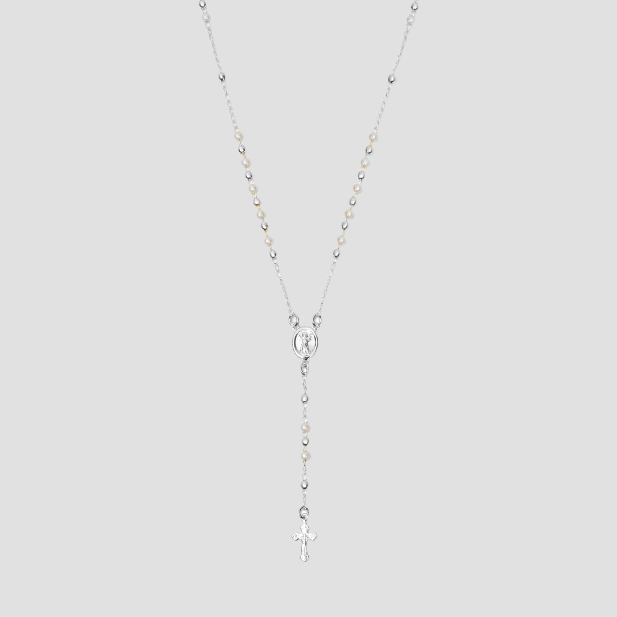 The Pearl Mary Rosary Cross Necklace | Silver