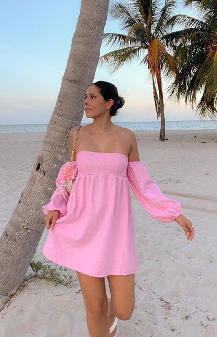 Koa Off Shoulder Linen Mini Dress | Pink
