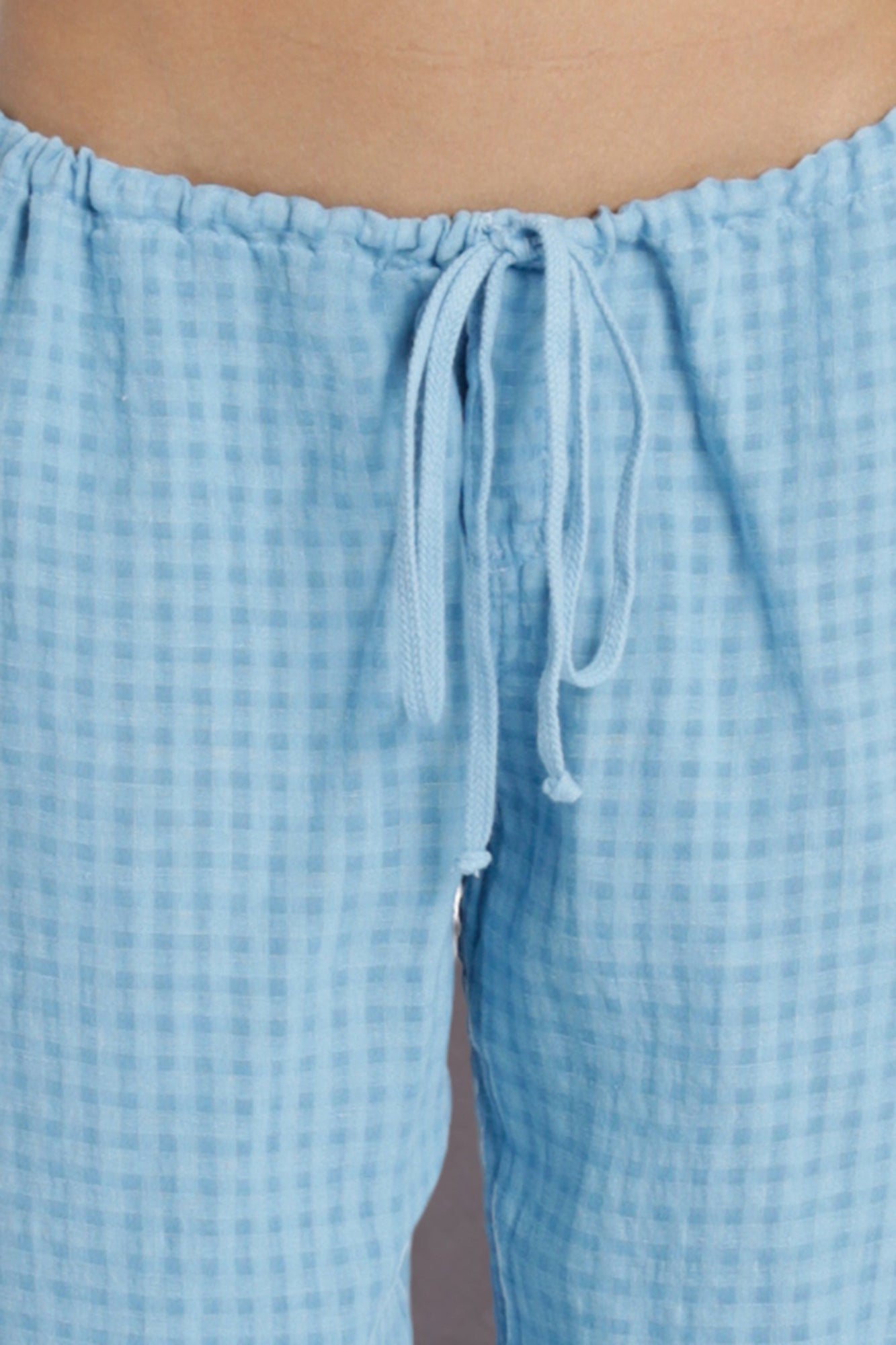 Women | Puckered Gingham Fly Front Linen Skipper | Sky