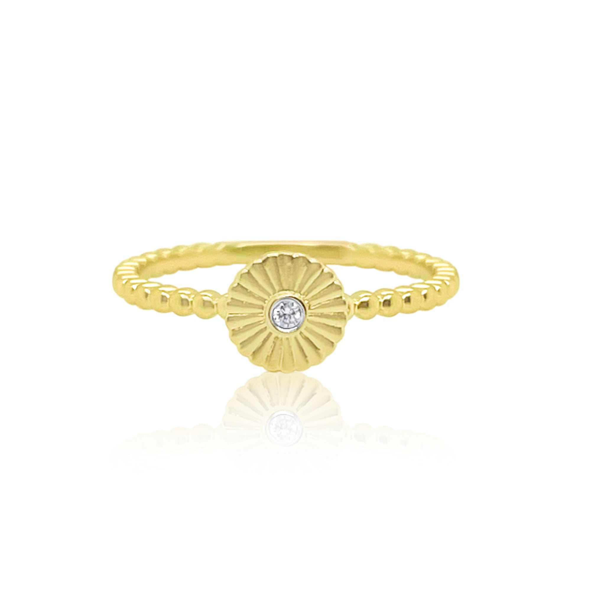 Beaded Brushed Gold Disc Diamond Ring | Yellow Gold