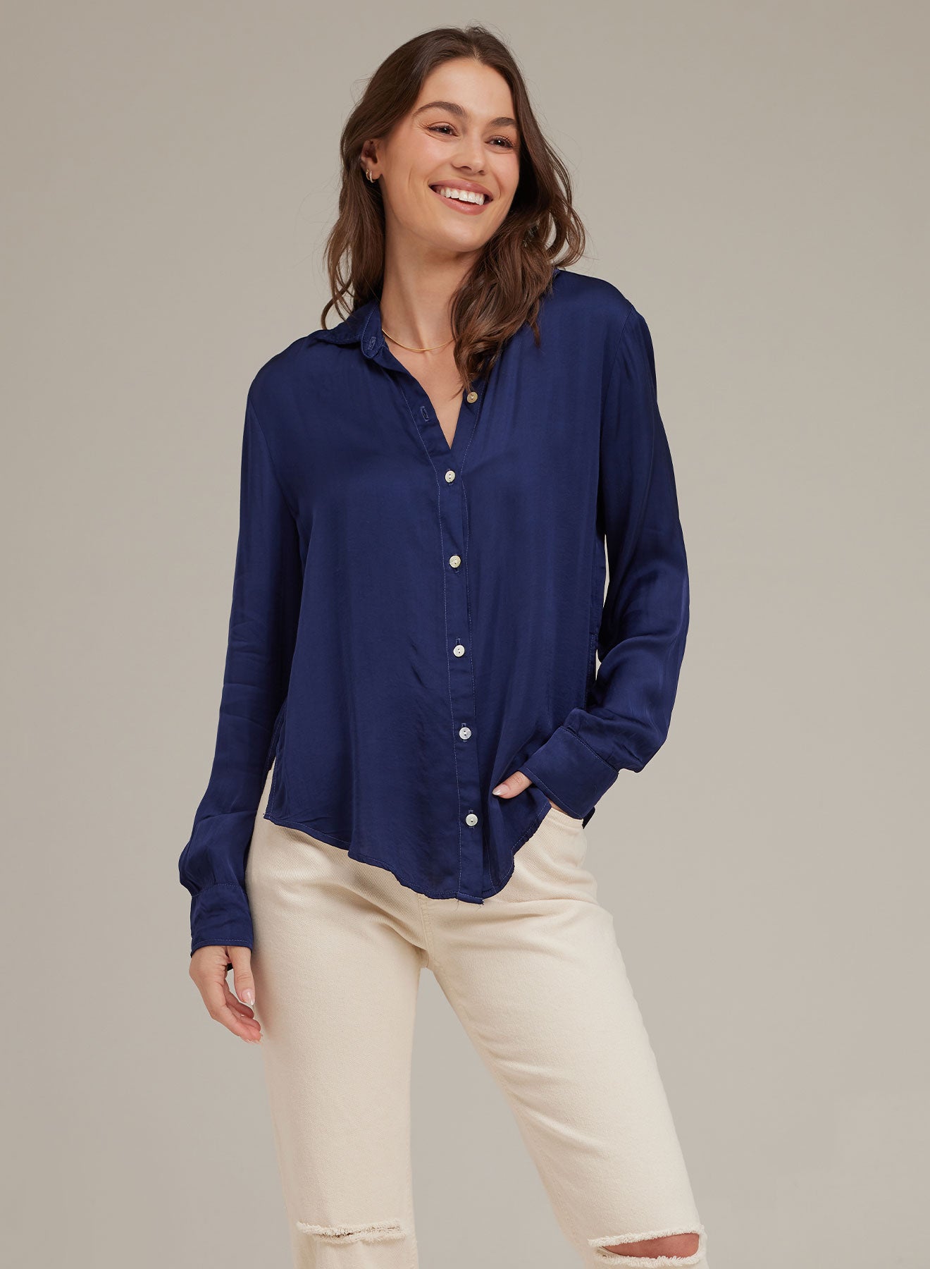 Side Slit Button Down Shirt - Midnight Royal