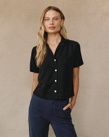 Short Sleeve Flowy Button Down | Black