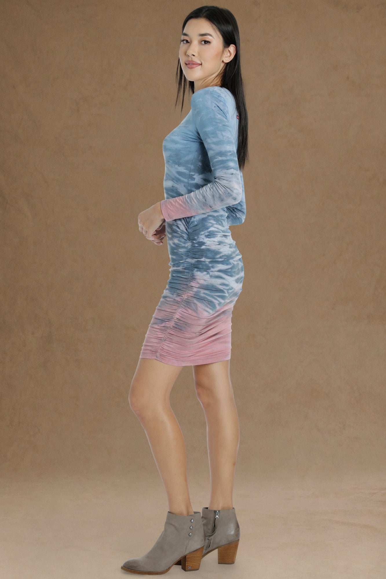 Women | Long Sleeve Side Shirred Dress | Rainbow Horizon 91