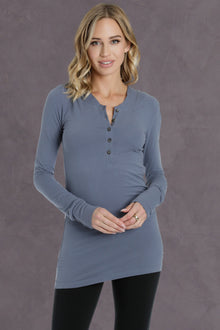 Women | Long Fitted Henley Hoodie Tee | Dusk
