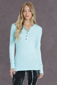 Women | Long Fitted Henley Hoodie Tee | Tiffany