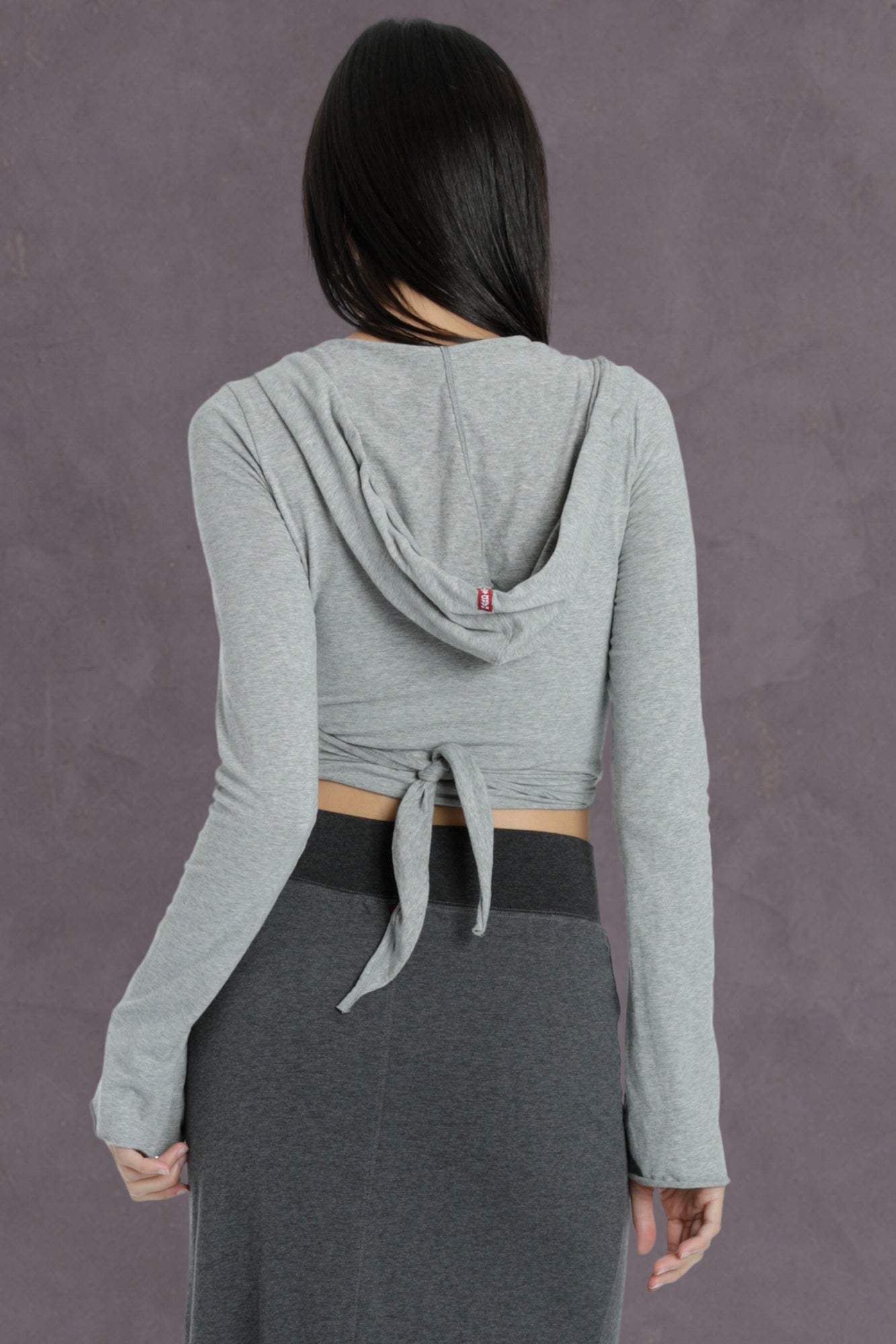 Women | Bell Sleeve Hooded Tie Front Wrap | Heather Gray