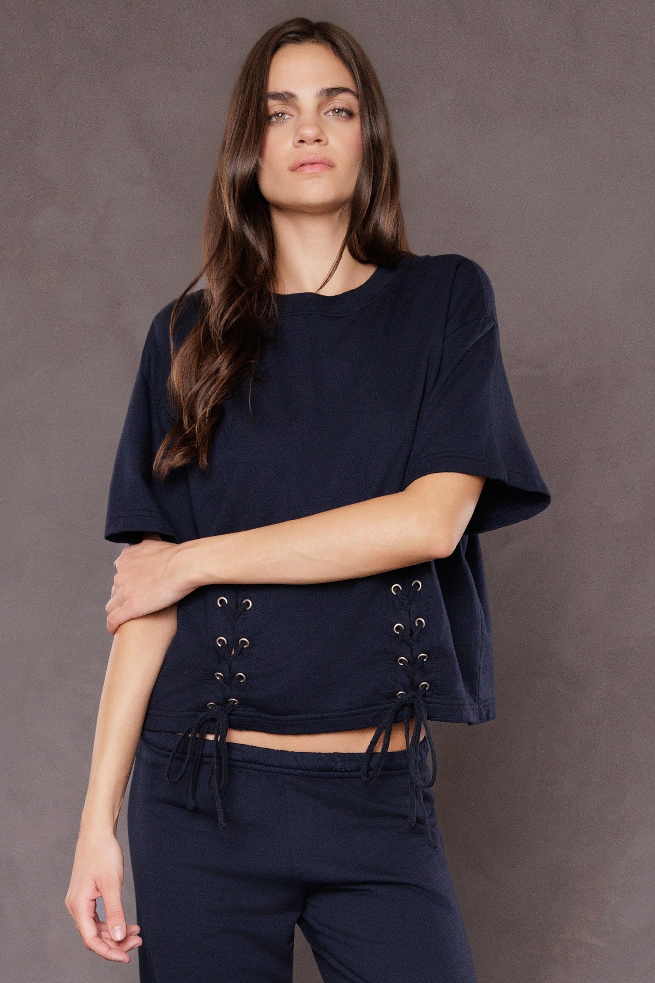 Women | Laced Short Sleeve Baby Fleece Sweatshirt | Past Midnight