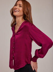 Smocked Cuff Button Down - Dark Fuchsia