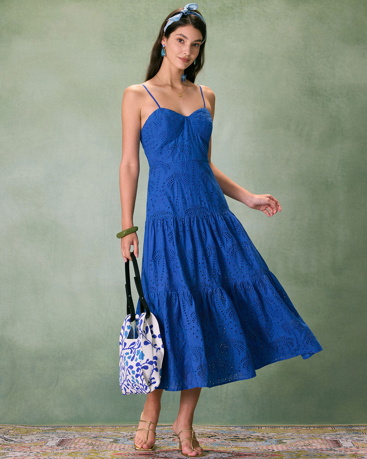 The Blue Sweetheart Neck Embroidery Midi Dress Dresses - RIHOAS