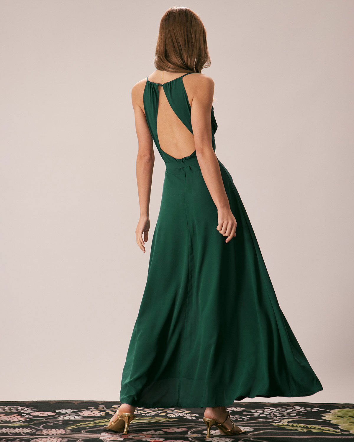 Green Cowl Neck Cutout Back Dress Dresses - RIHOAS