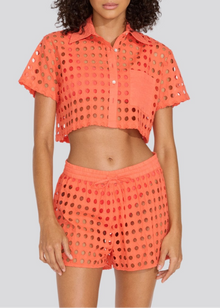 Womens | Eyelet Cropped Cabana Shirt | Hot Coral