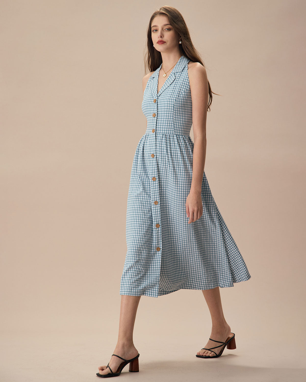 The Lapel Plaid Sleeveless Shirt Midi Dress Dresses - RIHOAS